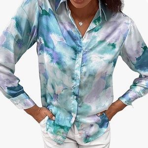 Silky Satin Long-Sleeve Button Down Shirt. Like New Condition. Size Large.